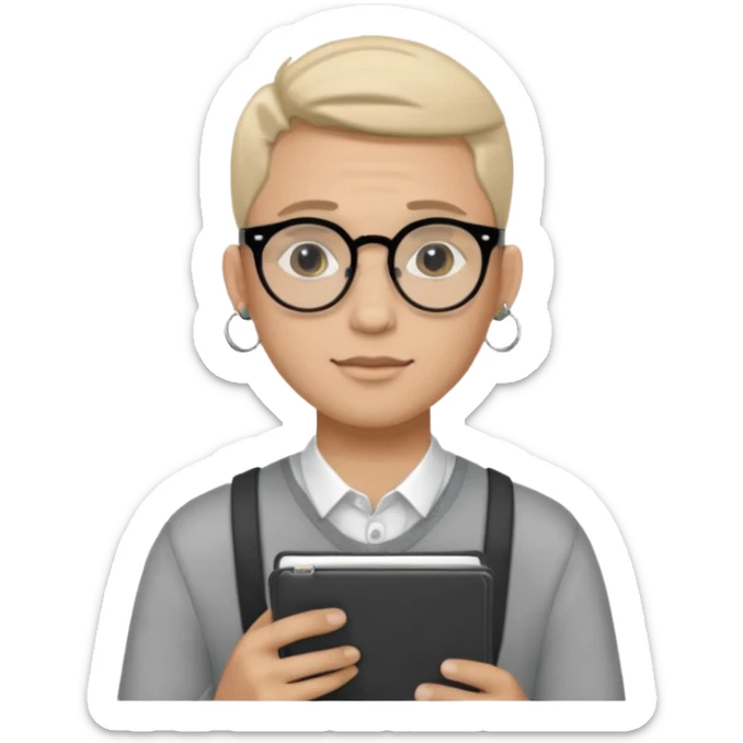 A man in his 20s wearing an apnotebook, wearing radio earrings, round glasses, achromatic clothes sticker