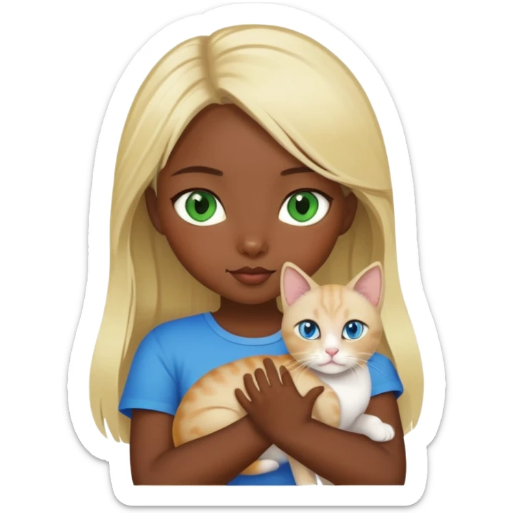 blonde girl with dark skin and green eyes holds a cat with blue eyes of Thai breed sticker