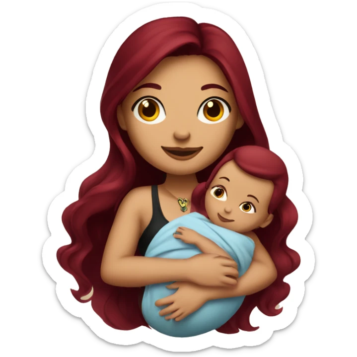 Beautiful tattooed burgundy long haired woman holding a baby sticker