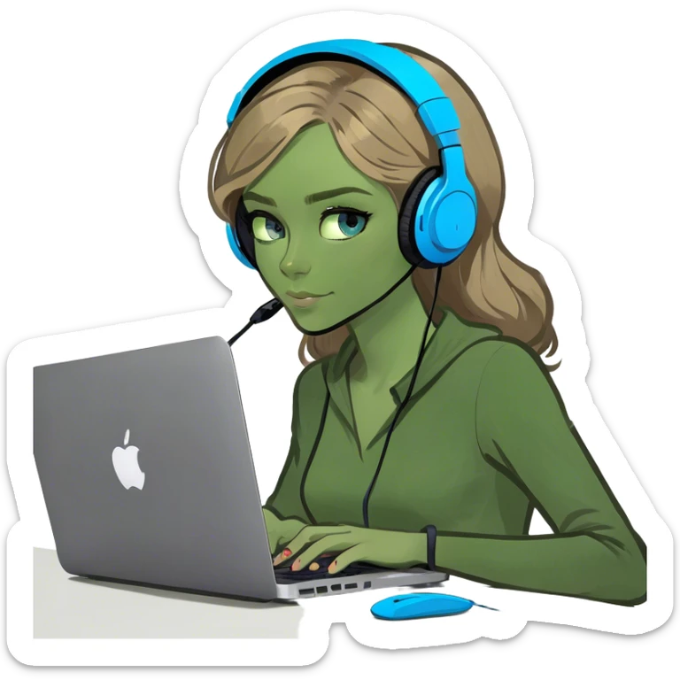 Pale skin girl with blue eyes, and dark blonde hair working with Mac  sticker