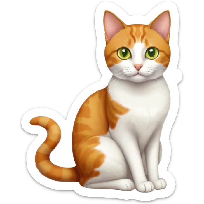 A mix breed cat (domestic shorthair and Arabian mau) sitting, with white fur, three ginger spots on its back, a ginger tail, and yellow-green eyes sticker