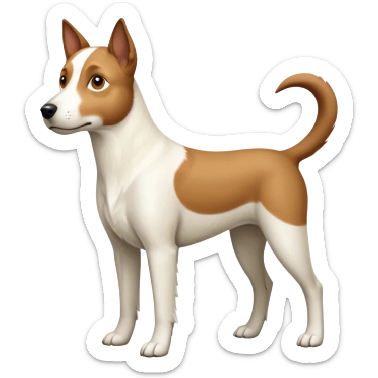 a full body large white parson russell looking dog the size of a kelpie with light brown flapped down ears and a light brown patch on one eye and a large snout sticker