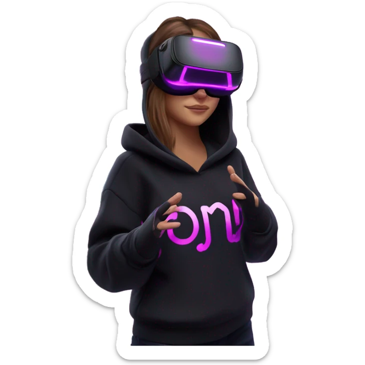 Russian girl wearing black hoody with violet letters "OMG", in vr headset oculus quest2. Standing like jedi. Cyberpunk style. Violet neon. sticker