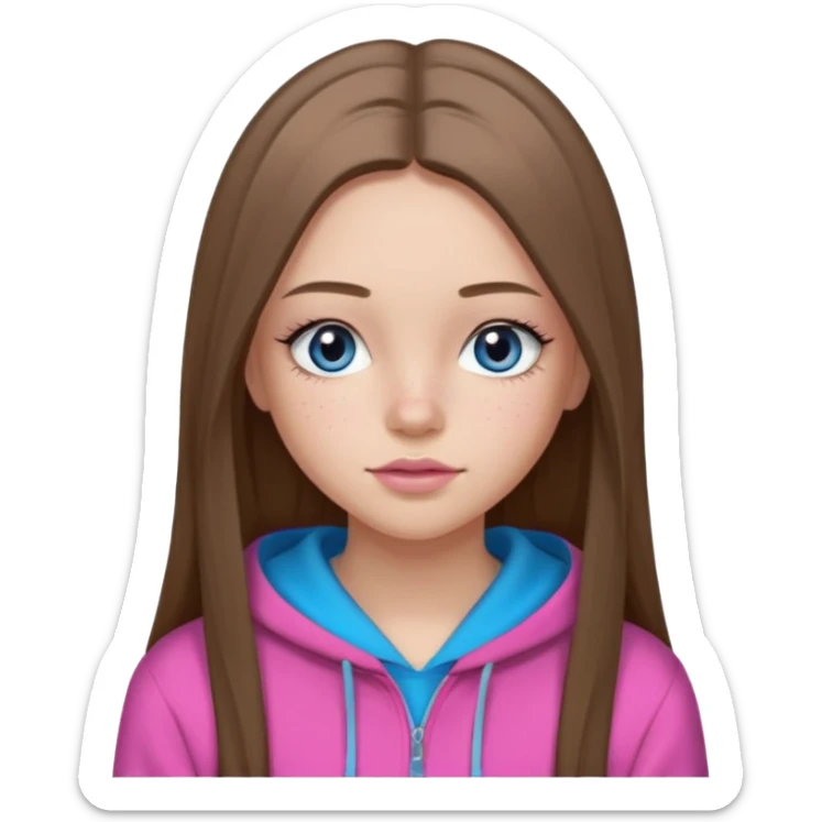Create a TEENAGE girl with LONG and straight light brunette hair with a middle part, light skin, light freckles, and blue-gray eyes. She will have pink lips and LONG eyelashes. She will be wearing a black hoodie sticker
