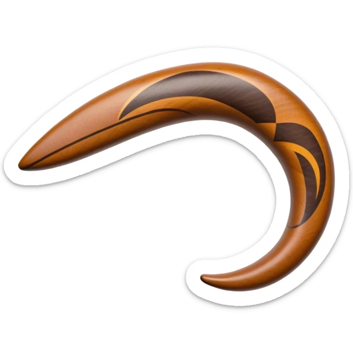 Cinematic Realistic Boomerang Emoji, depicted as a sleek, curved traditional Aboriginal tool rendered with detailed textures and a dynamic sense of motion, symbolizing cultural significance and natural craftsmanship under warm earthy lighting. sticker