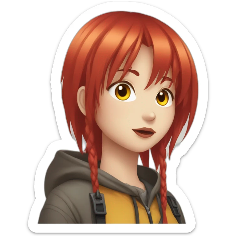 (gril) makima from the manga chainsawman with red hair fringe, yellow eyes with a circle inside sticker
