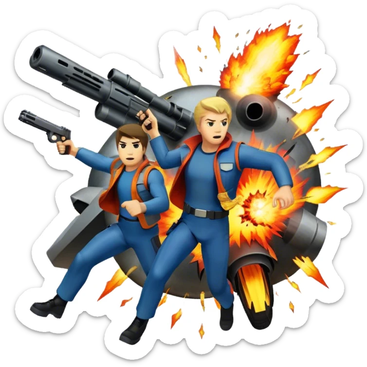 Icon for Action Movies Collage: Collage of iconic action movie elements, including explosions, a hero with weapons, a high-speed chase, and dramatic fight scenes. The design should be dynamic, colorful, and full of energy, capturing the essence of action films. Transparent background. sticker