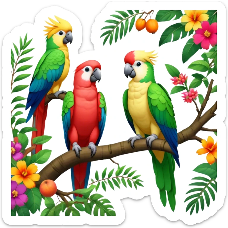 Close-up collage of vibrant Ara parrots and Inca cockatoos sitting on tree branches, surrounded by lush greenery. Bright colors of the birds stand out against a natural, sunny background of trees, flowers and fruits. Transparent background. sticker