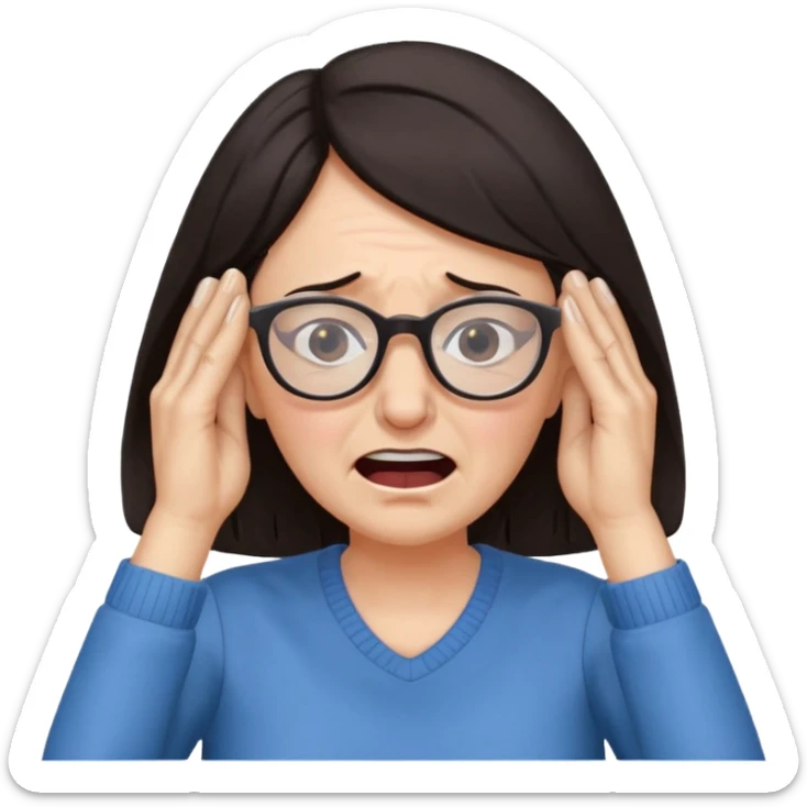 middle aged woman with dark hair and glasses covering her ears, wincing in pain because the sound is terribly loud and hurting her ears sticker