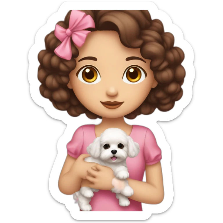 girl brunette hold on the hand, dressed in pink dress small white puppy girl maltipoo sticker