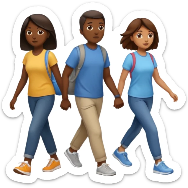 iOS emoji style - a dark men and 2 brown women in casual clothes and wearing trainers. Walking in the same direction quickly together. 
Not holding hands. No backpacks. 
 sticker