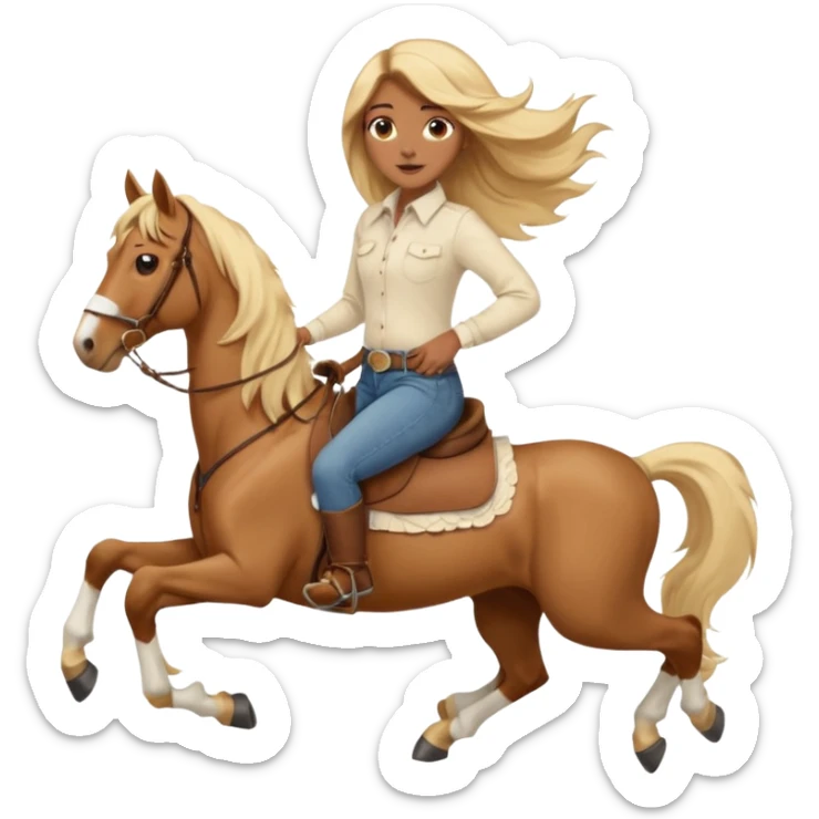 Brown girl with very long blonde/gold hair that’s blowing in the wind wearing a cream colored collared long sleeve shirt and jeans with brown boots on top of a brown horse with 4 legs sticker