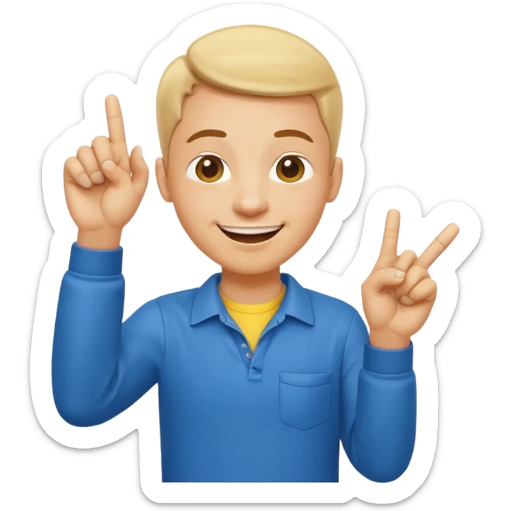 emoji of a happy cartoon person pointing downward toward the ground with both hands, standing upright, smiling warmly, both index fingers extended and pointing down clearly, simple light background, expressive and playful Apple emoji design showing the meaning “here / down here sticker