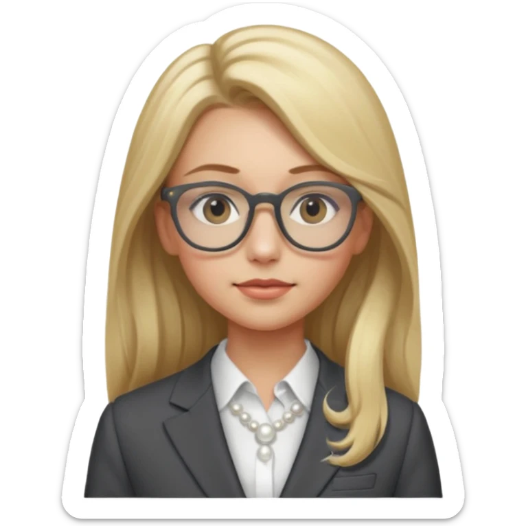 Please take the girl with laptop emoji and make her glassess light brown and her nose a bit smaller and pointier and she has blonde long hair and a dark grey suit and pearls sticker
