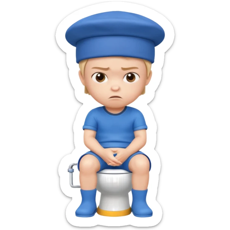 3D cartoon child character in blue outfit and blue hat, sitting on a toilet, looking angry with crossed arms, pastel background, preschool animation style." sticker