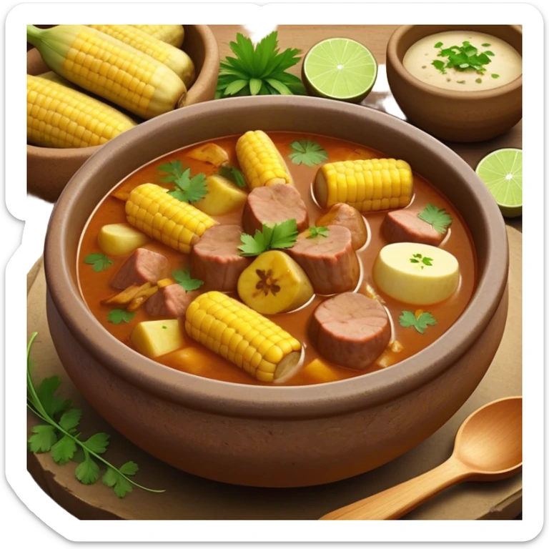 Cinematic Realistic Sancocho Antioqueño Emoji, depicting a hearty Colombian stew brimming with tender cuts of meat, yuca, plantains, corn on the cob, and potatoes in a rich, flavorful broth. Served in a rustic clay bowl with fresh cilantro and lime on the side, rendered with warm, inviting textures and homely, comforting lighting. sticker