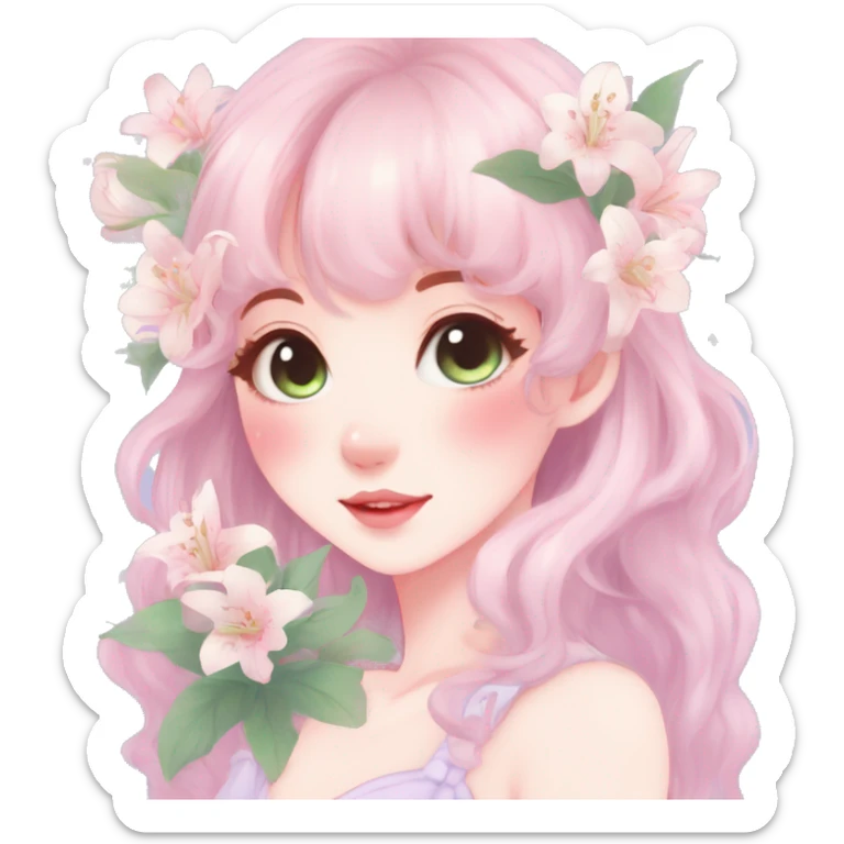Gorgeous pastel anime style lady with blushing face and lilies cottagecore fairycore pastelcore colorful pearly romantic simplistic aesthetic trending style sticker