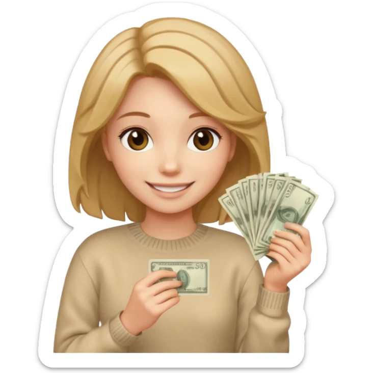 girl with rummy hair in beige sweater happy with money in hands sticker