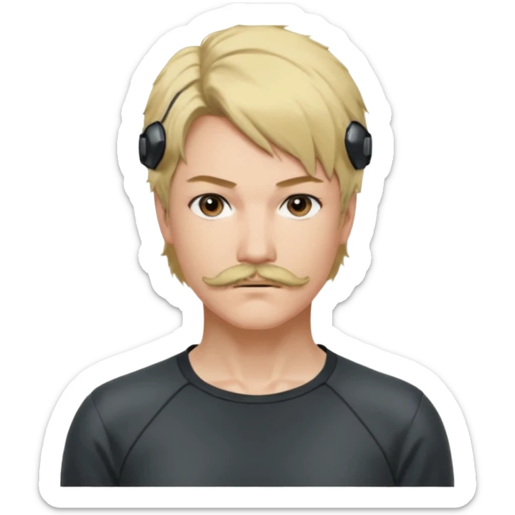 Style : Manga détaillé façon Metal Gear Solid — lignes nettes, ombres douces, couleurs vives. Personnage : cache-œil noir à gauche, cheveux blonds mi-courts avec côtés foncés, yeux marron, moustache fine, sweat clair.  sticker