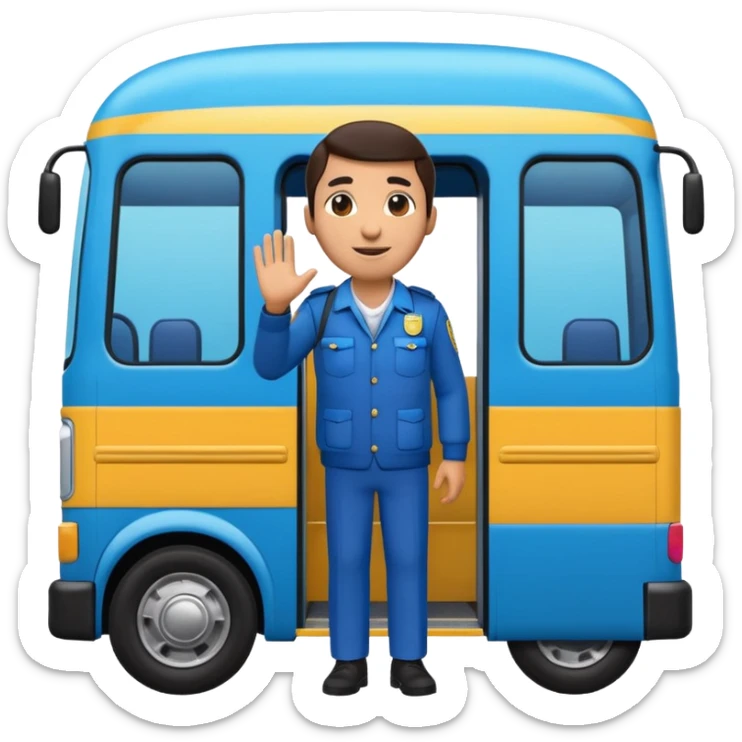 3D emoji of a Peruvian bus fare collector (“cobrador”), leaning out of a urban blue bus. door calling passengers, dynamic pose, urban street vibe, vibrant colors, bold outlines, sticker illustration, transparent background sticker