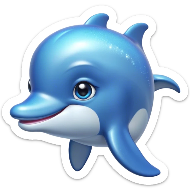 Cinematic Cute Dolphin Portrait Emoji, Head tilted playfully and inquisitively, featuring a smooth, streamlined body with shimmering, silvery-blue skin and round, sparkling eyes full of playful charm, Simplified yet irresistibly adorable features, highly detailed, glowing with a warm, friendly oceanic glow, high shine, affectionate and lively, stylized with a touch of aquatic whimsy, soft glowing outline, capturing the essence of a mischievous yet loving dolphin that appears as if it could splash out of the screen into your arms! sticker