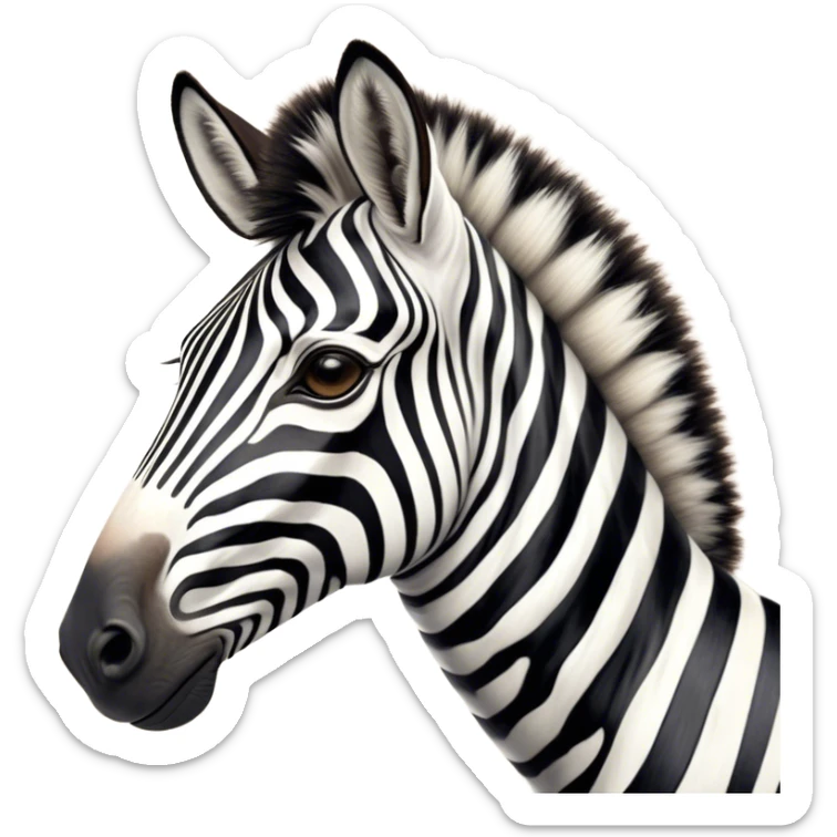 Cinematic Noble Zebra Portrait Emoji, Poised and regal, with a lean, elegant build, a long, graceful equine snout and striking fur of bold black and white stripes, deep-set soulful piercing eyes, Simplified yet sharp and sophisticated features, highly detailed, glowing with a soft, dignified glow, high shine, intelligent and graceful, stylized with an air of savannah chic, focused and attentive, soft glowing outline, capturing the essence of a watchful and confident equine that feels as though it could gallop out of the screen with effortless authority! sticker