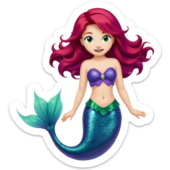 Ariel from Disney's The Little Mermaid, smiling, with flowing red hair, purple seashell top, and green mermaid tail, apple-style emoji art sticker