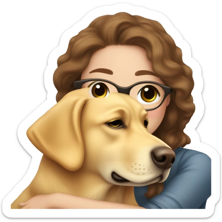 Golden Labrador retriever cuddles with a girl with brown  hair, glasses,  Lush eyelashes and a nose piercing sticker