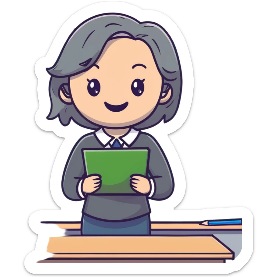 smiling English teacher with airtouch hair and grey-green eyes teaching in a classroom with chalkboard sticker