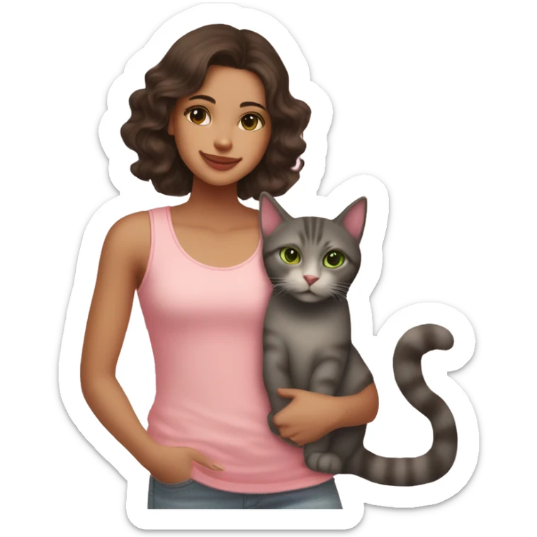 A mexican american girl with green eyes and dark brown hair with mauve pink lips wearing light washed jeans and a pink polka dot tank top shes smiling and petting her orange cat  sticker