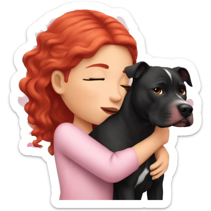 Girl with red hair kissing big black pitbull dog, pink hearts sticker