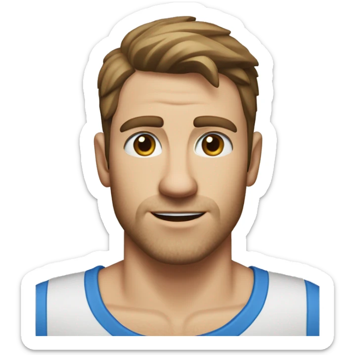 A head and shoulders shot of a 32 year old Caucasian man, with short brown hair, with none facial hair,   with blue eyes wearing a t-shirt. sticker