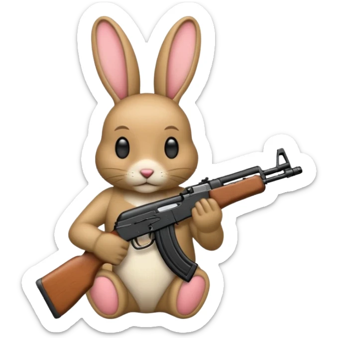 Crea un emoji de un conejo sosteniendo una  Ak47 con pasamontañas enojado negro sticker