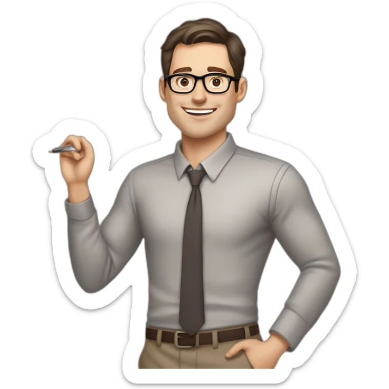 Pale skinned fit man with dark brown hair in gray jacket, beige office shirt, brown tie, brown pants and vintage glasses Writing text on a flipchart sticker
