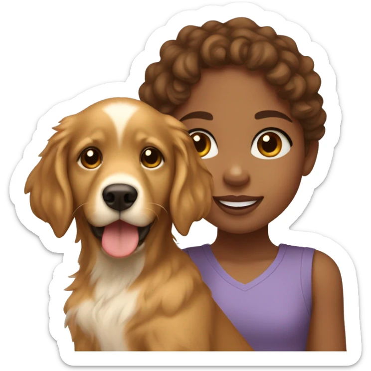 Light brown skinned girl with loose brown curly hair with a golden retriever puppy sticker