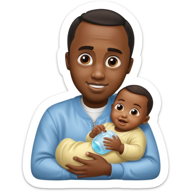 Sean “Diddy” Combs with baby oil and a very small infant and he’s pouring the baby oil on the baby and they have a scared face they’re really scared while diddy is happy sticker