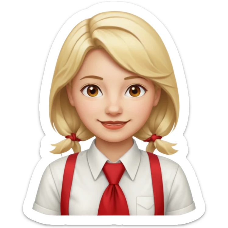 A Soviet pioneer girl emoji — smiling young girl wearing a white shirt and a bright red pioneer necktie tied in a loose triangle knot with wide ends (not a formal tie). No hat or headwear. Blonde hair, friendly face, flat minimal emoji style, Apple emoji aesthetic, clean outlines and soft shading. sticker