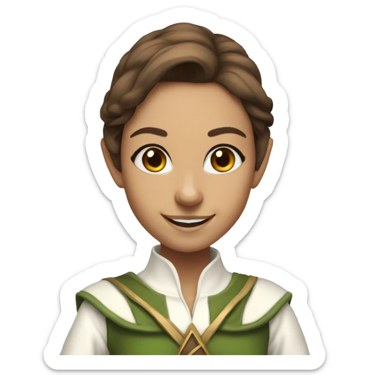 smiling, Noble female Elf with no Elf ears and brown hair and white uniform sticker
