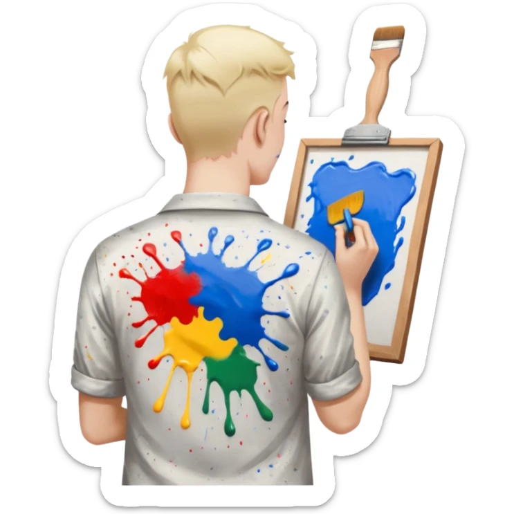 the white artist stands with his back to the painting, painting a portrait sticker
