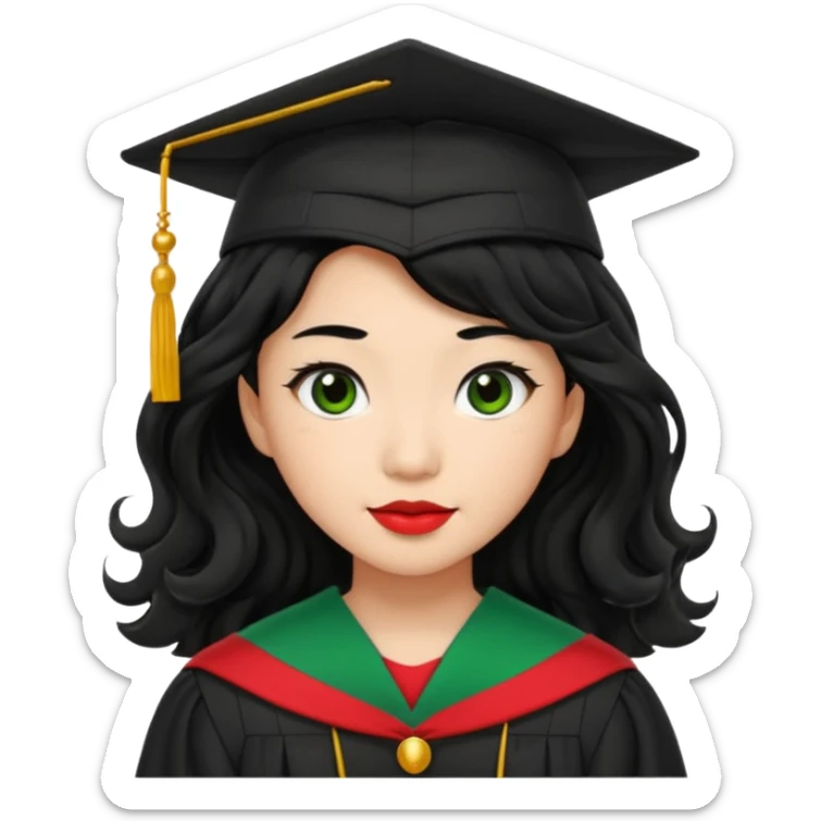 College Graduate asian black hair with wavy hair long  with black red stash with green benilde on the middle sticker