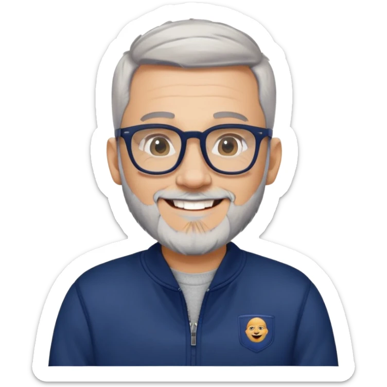 Light-skinned man with tight fade haircut (nearly shaved sides fading to very short on top), short graying beard, big black glasses frames, happy smile, navy blue zip-up sweatshirt with long sleeves sticker