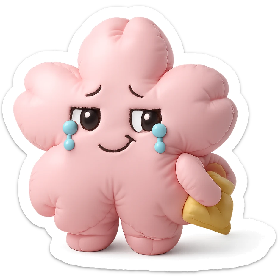 baby pink cherry blossom flower with teary eyes and a mischievous smile, hiding snacks behind its back, soft chubby body, kawaii face, cushion style sticker