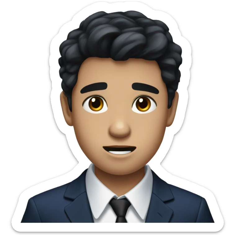 Teenage boy with black hair and dark brown eyes and fair skin in a navy blue dress shirt with a black tie shocked face sticker