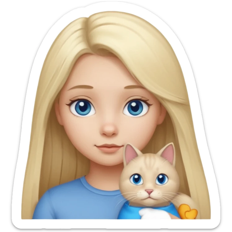 blonde girl with long blonde hair and blue eyes with chubby gray cat sticker