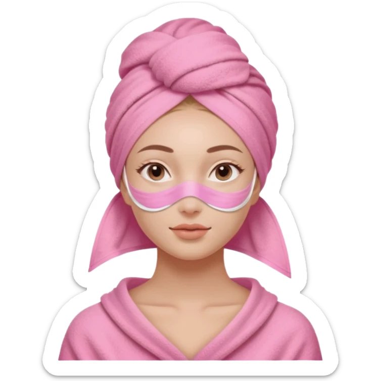 Clean girl influencer character, chest-up portrait, wearing a pink towel wrapped around the head, facial skincare mask on face, relaxed confident expression, soft glow skin, minimal chic aesthetic, subtle beauty accessories, calm self-care vibe sticker