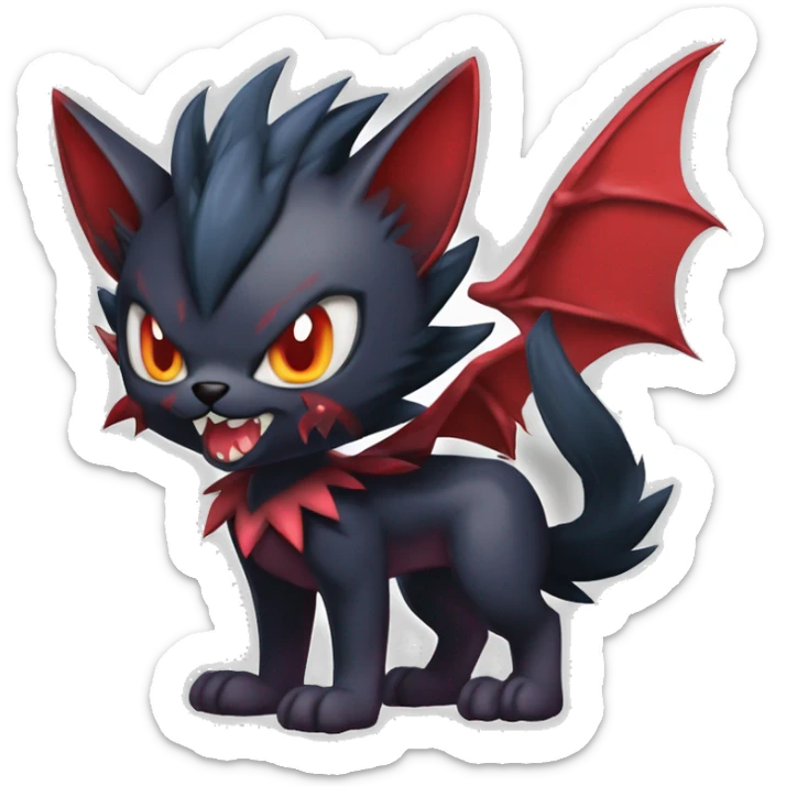   cool edgy beautiful fantasy anime-style dark animal vampiric Litten-Zoroark-Nargacuga-cat-hybrid Fakemon with big fangs and bat-ears full body sticker
