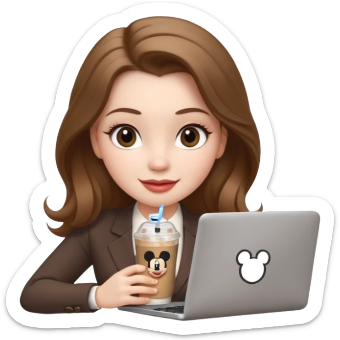 Women in front of laptop that has a Mickey sticker on it, with a happy face, face a little fuller, lips plump, full eyebrows, long light brown hair, light brown big eyes, light pale skin with a iced coffee on the side, business attire sticker