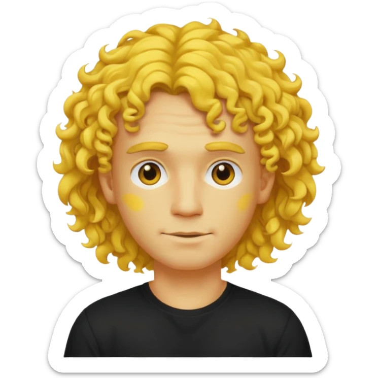 a yellow-faced standard man with mid-long curly hair wearing a black t-shirt, face and shoulders. The yellow of the face is very bright. sticker