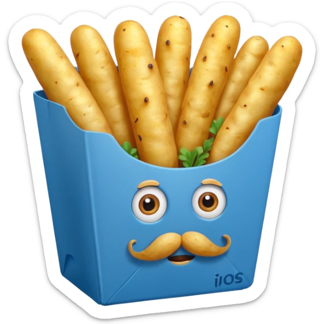 long slim fried potatoes in a blue carton, carton has eyes and mustache sticker