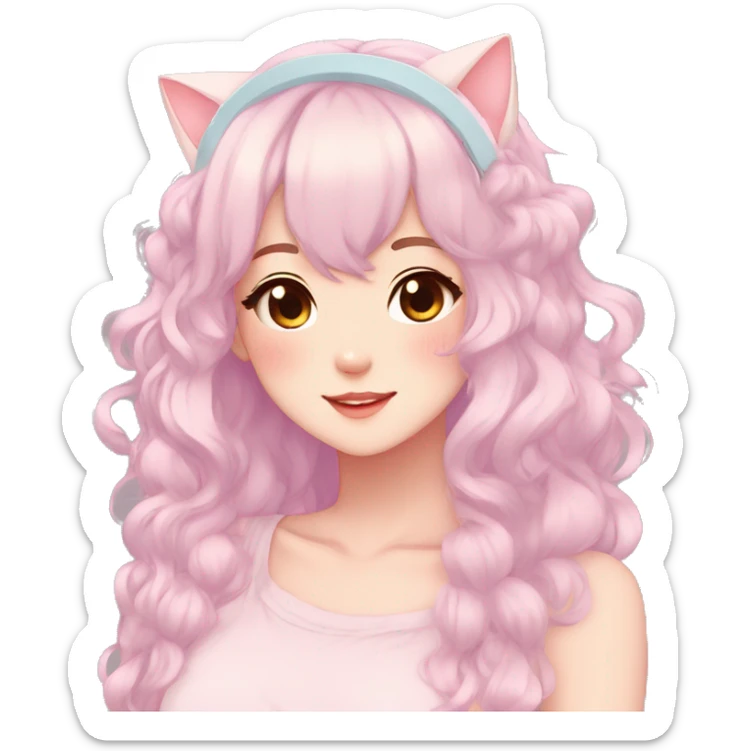 Gorgeous pastel anime girl with blushing face and hair garnitures and pretty hair and cat ears aesthetic trending style sticker